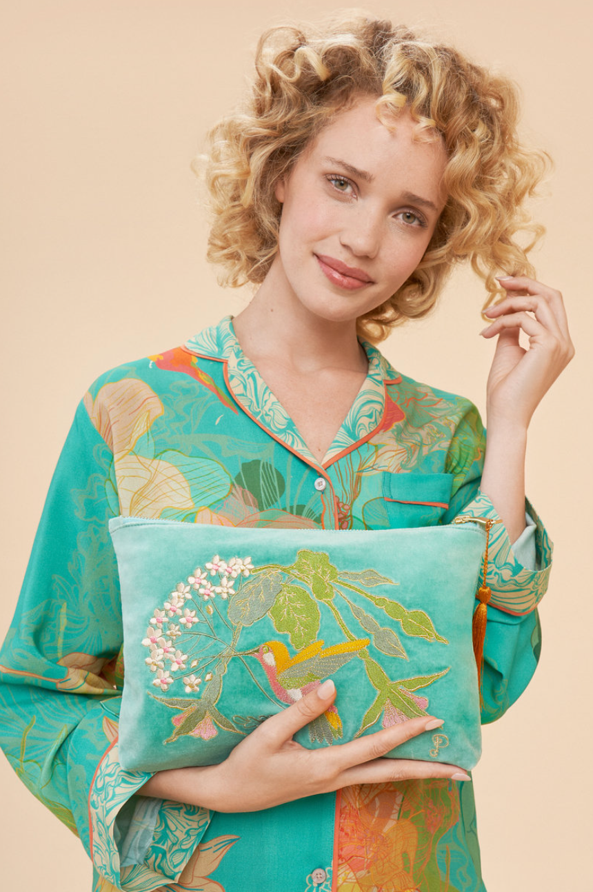 Velvet Embroidered Make Up Bag - Hummingbird, Aqua