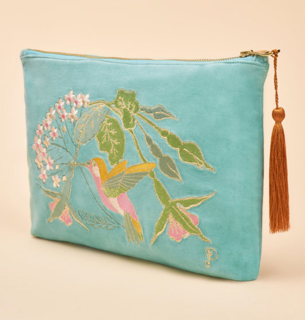 Velvet Embroidered Make Up Bag - Hummingbird, Aqua